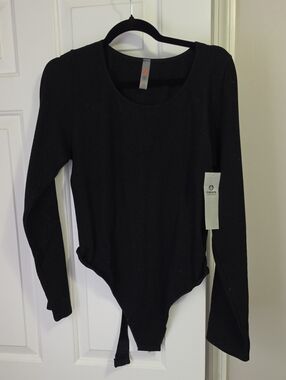 Mono B Black Ribbed Scoop-Neck Long Sleeve Bodysuit With Thong Back 3X NWT